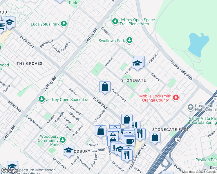 map of restaurants, bars, coffee shops, grocery stores, and more near Crested Bird in Irvine
