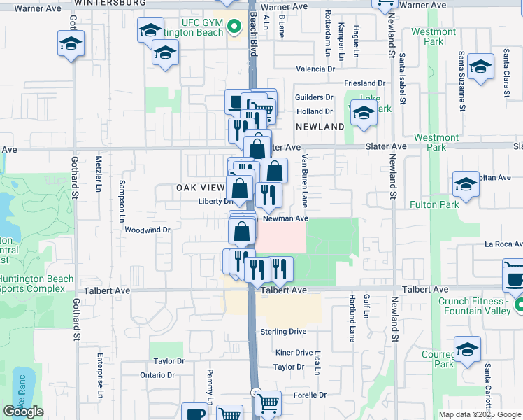map of restaurants, bars, coffee shops, grocery stores, and more near 8041 Newman Avenue in Huntington Beach