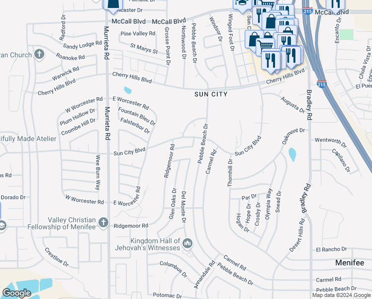 map of restaurants, bars, coffee shops, grocery stores, and more near 26431 Tanglewood Drive in Menifee