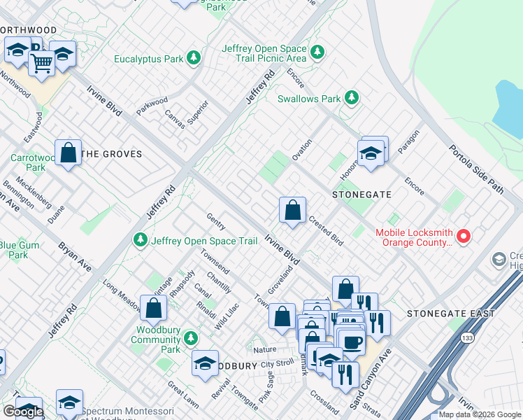 map of restaurants, bars, coffee shops, grocery stores, and more near 89 Overbrook in Irvine