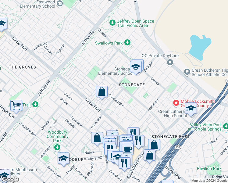 map of restaurants, bars, coffee shops, grocery stores, and more near 220 Kempton in Irvine