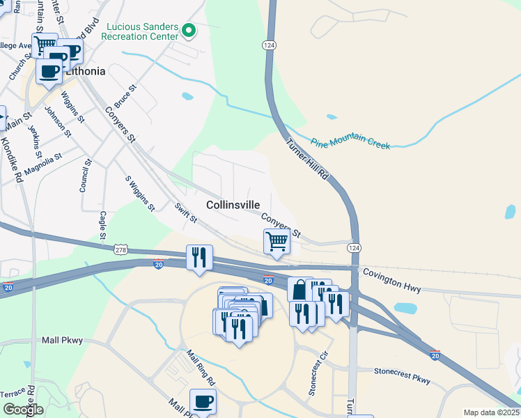 map of restaurants, bars, coffee shops, grocery stores, and more near 7620 Conyers Street in Lithonia