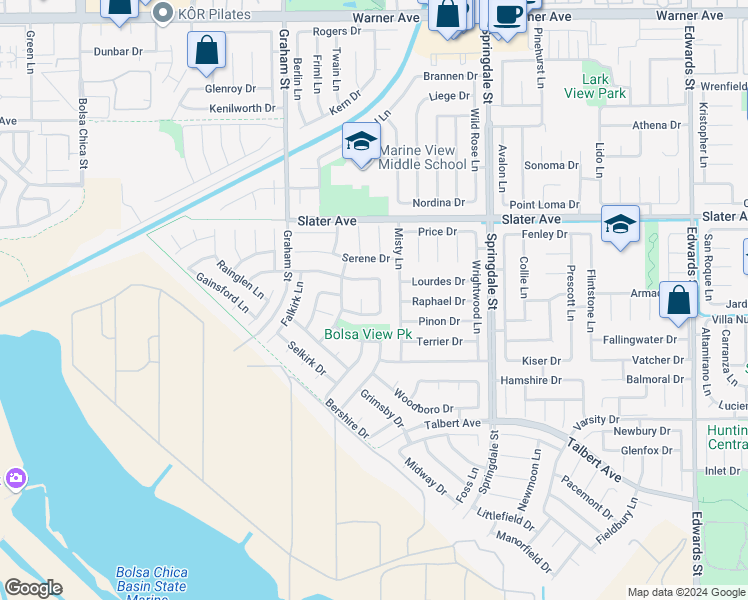 map of restaurants, bars, coffee shops, grocery stores, and more near 17691 Helenbrook Lane in Huntington Beach