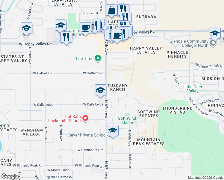map of restaurants, bars, coffee shops, grocery stores, and more near 24255 North 67th Avenue in Glendale