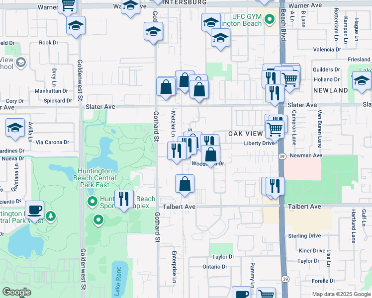 map of restaurants, bars, coffee shops, grocery stores, and more near 17751 Sampson Lane in Huntington Beach