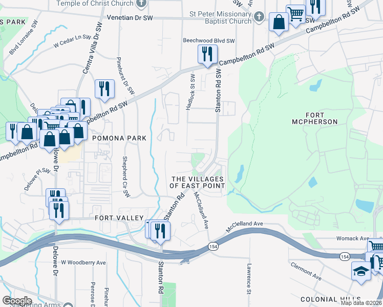map of restaurants, bars, coffee shops, grocery stores, and more near 6568 Bayrose Circle in East Point