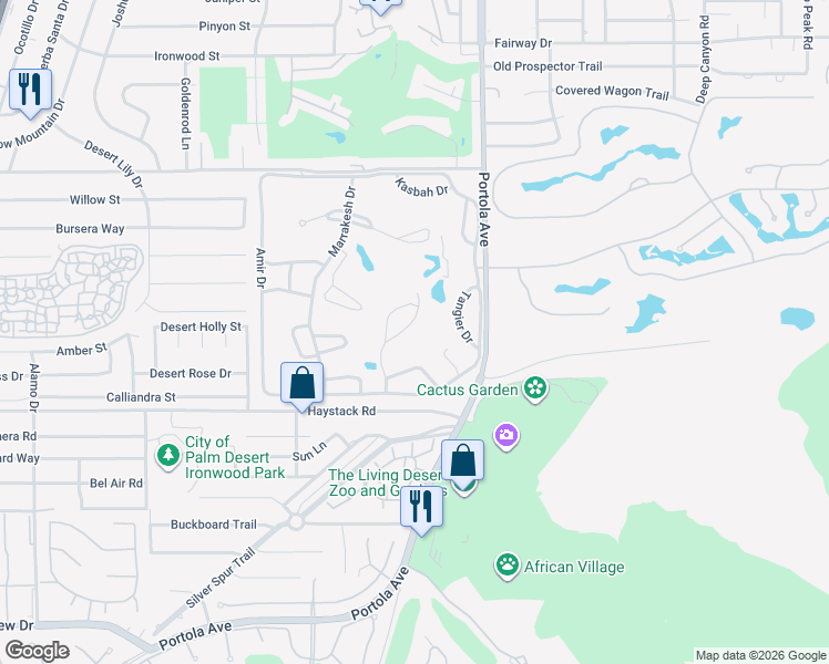 map of restaurants, bars, coffee shops, grocery stores, and more near 47460 Medina Drive East in Palm Desert