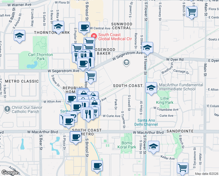 map of restaurants, bars, coffee shops, grocery stores, and more near 1109 West Alton Avenue in Santa Ana