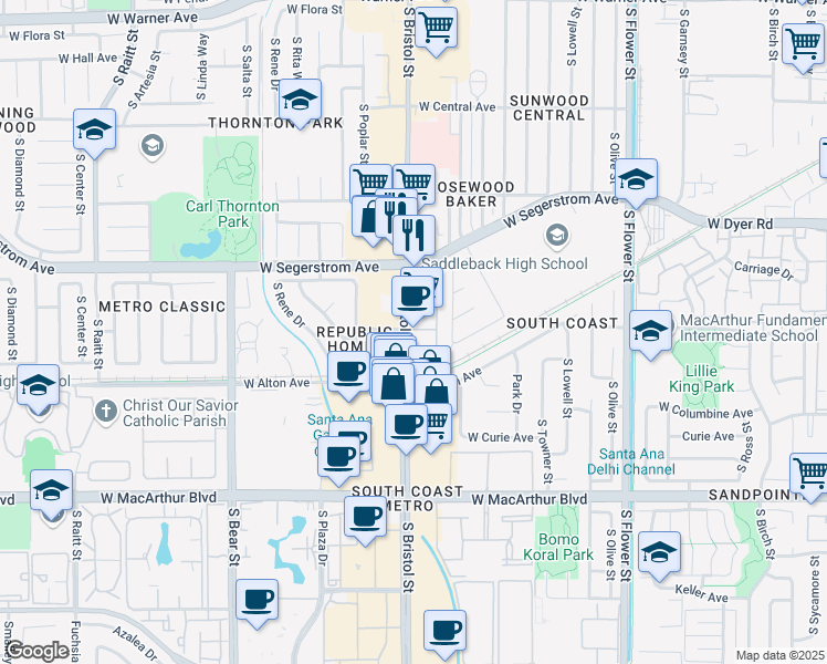map of restaurants, bars, coffee shops, grocery stores, and more near 3103 South Bristol Street in Santa Ana