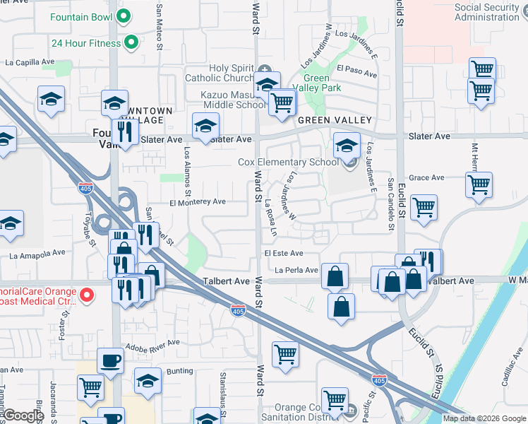 map of restaurants, bars, coffee shops, grocery stores, and more near 17769 La Rosa Lane in Fountain Valley
