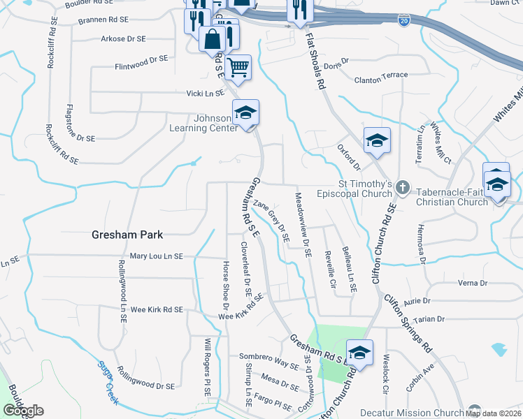 map of restaurants, bars, coffee shops, grocery stores, and more near 2779 Zane Grey Drive Southeast in Atlanta