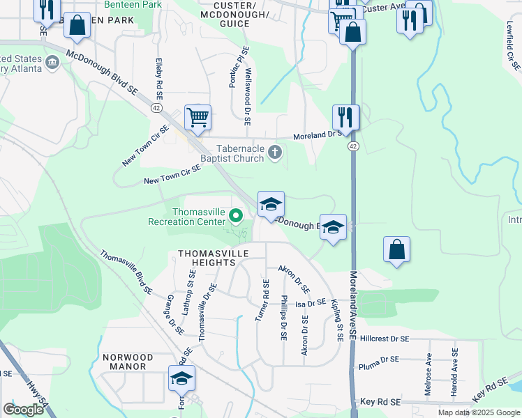 map of restaurants, bars, coffee shops, grocery stores, and more near 0 McDonough Boulevard Southeast in Atlanta