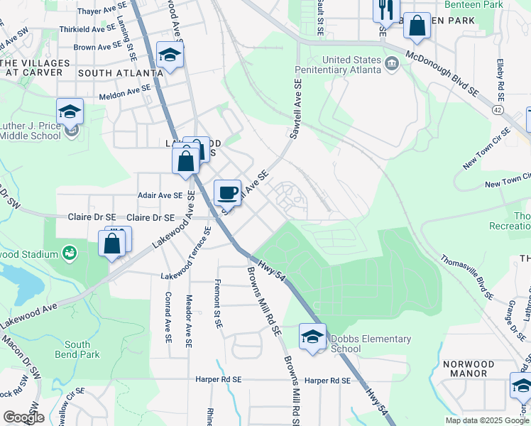 map of restaurants, bars, coffee shops, grocery stores, and more near 391 South Bend Avenue Southeast in Atlanta