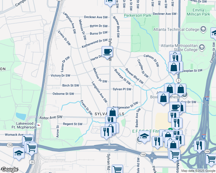 map of restaurants, bars, coffee shops, grocery stores, and more near 1823 Sylvan Road Southwest in Atlanta