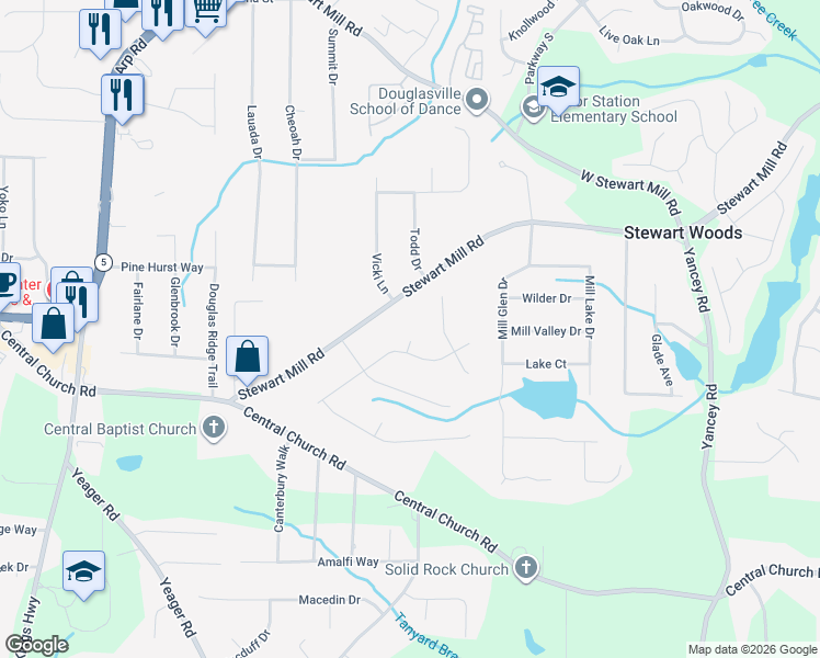 map of restaurants, bars, coffee shops, grocery stores, and more near 3684 Jessica Court in Douglasville
