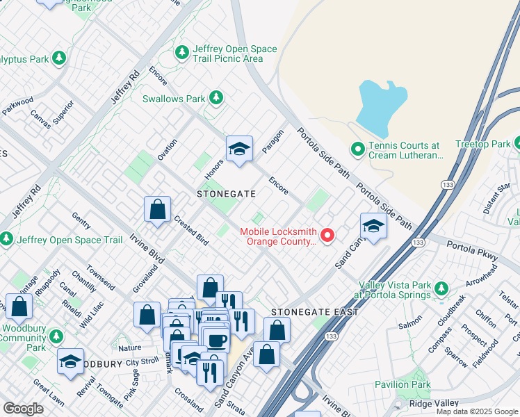 map of restaurants, bars, coffee shops, grocery stores, and more near Medford in Irvine