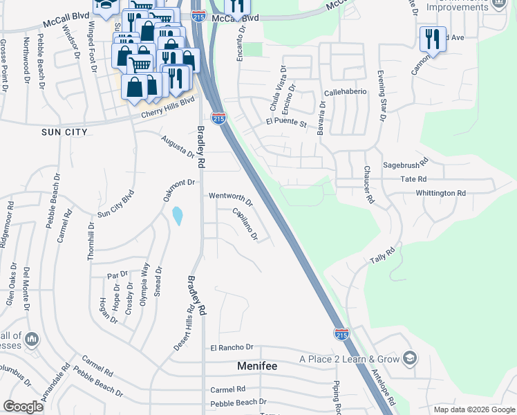 map of restaurants, bars, coffee shops, grocery stores, and more near 27252 Wentworth Drive in Menifee
