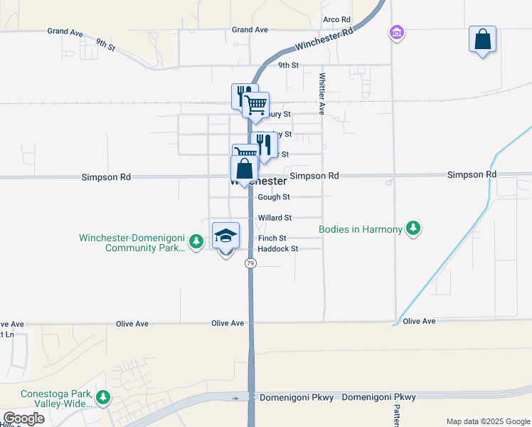 map of restaurants, bars, coffee shops, grocery stores, and more near Willard Street in Winchester
