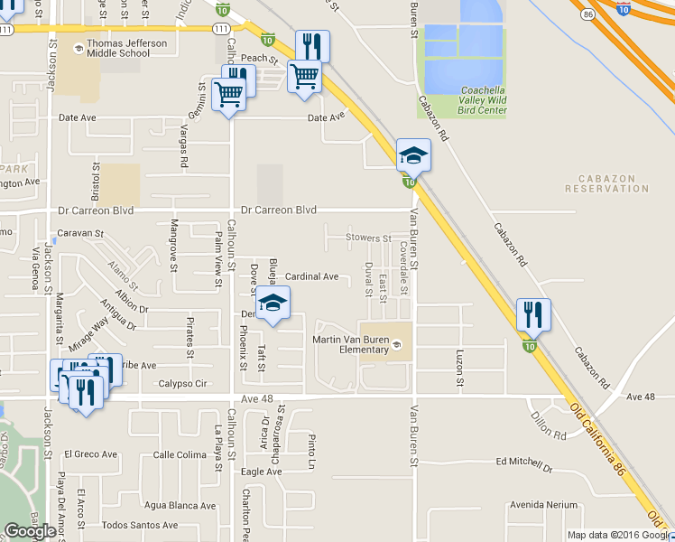 map of restaurants, bars, coffee shops, grocery stores, and more near 83712 Cardinal Avenue in Indio