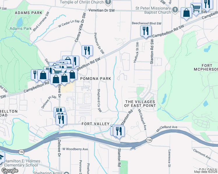 map of restaurants, bars, coffee shops, grocery stores, and more near 1822 Fort Valley Drive Southwest in Atlanta