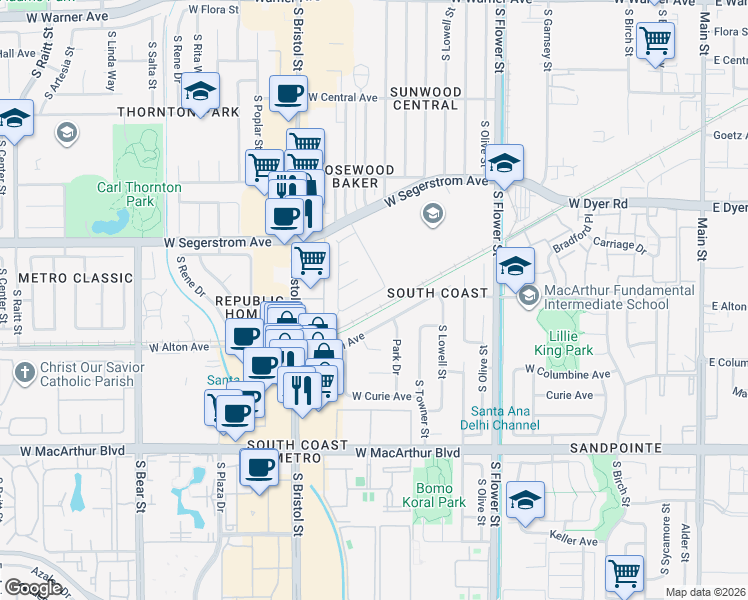map of restaurants, bars, coffee shops, grocery stores, and more near 1022 Moore Avenue in Santa Ana
