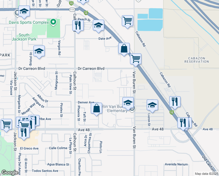 map of restaurants, bars, coffee shops, grocery stores, and more near 83712 Cardinal Avenue in Indio