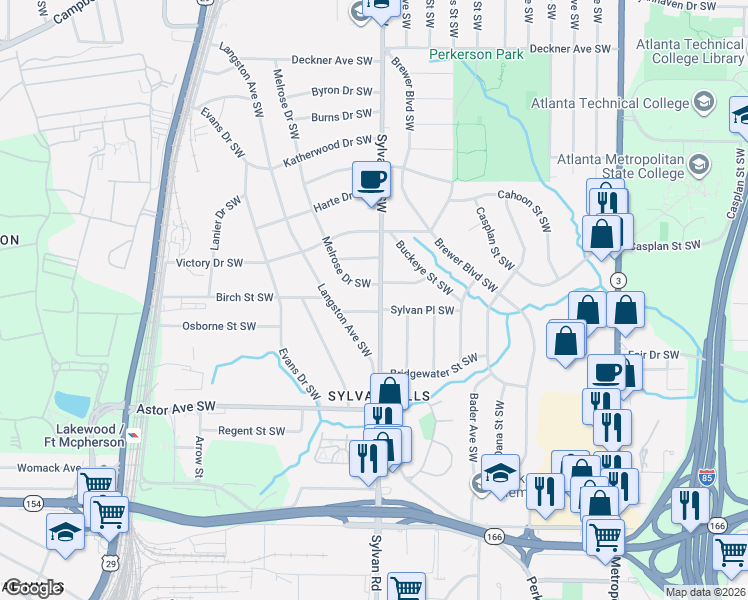 map of restaurants, bars, coffee shops, grocery stores, and more near 1813 Sylvan Road Southwest in Atlanta