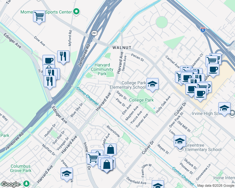 map of restaurants, bars, coffee shops, grocery stores, and more near 3596 Sego Street in Irvine