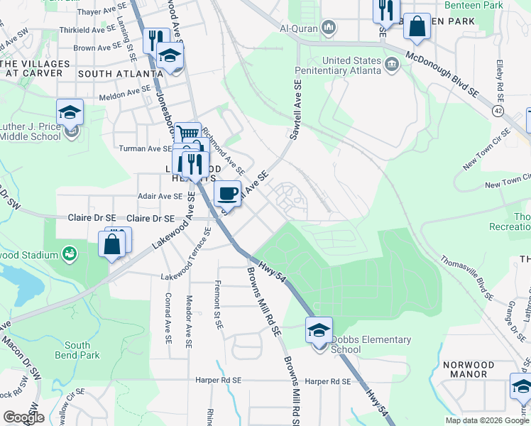 map of restaurants, bars, coffee shops, grocery stores, and more near 391 South Bend Avenue Southeast in Atlanta