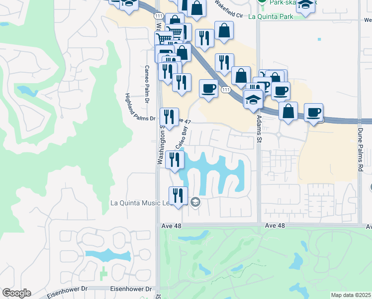 map of restaurants, bars, coffee shops, grocery stores, and more near 78655 Dulce Del Mar in La Quinta