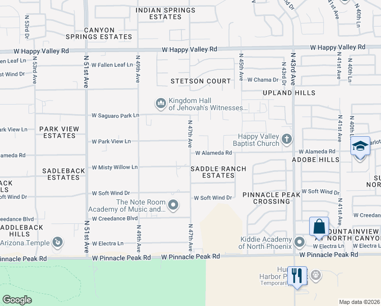 map of restaurants, bars, coffee shops, grocery stores, and more near 24199 North 47th Avenue in Glendale