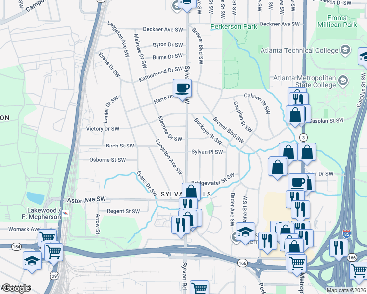 map of restaurants, bars, coffee shops, grocery stores, and more near 1823 Sylvan Road Southwest in Atlanta