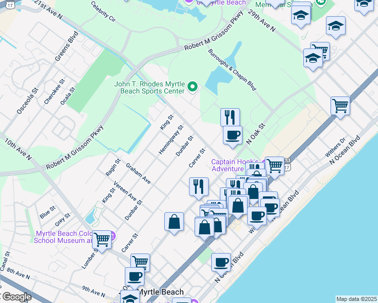 map of restaurants, bars, coffee shops, grocery stores, and more near 1413 Carver Street in Myrtle Beach