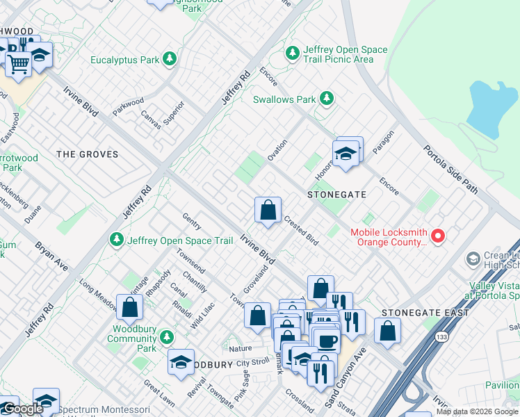 map of restaurants, bars, coffee shops, grocery stores, and more near 126-182 Overbrook in Irvine