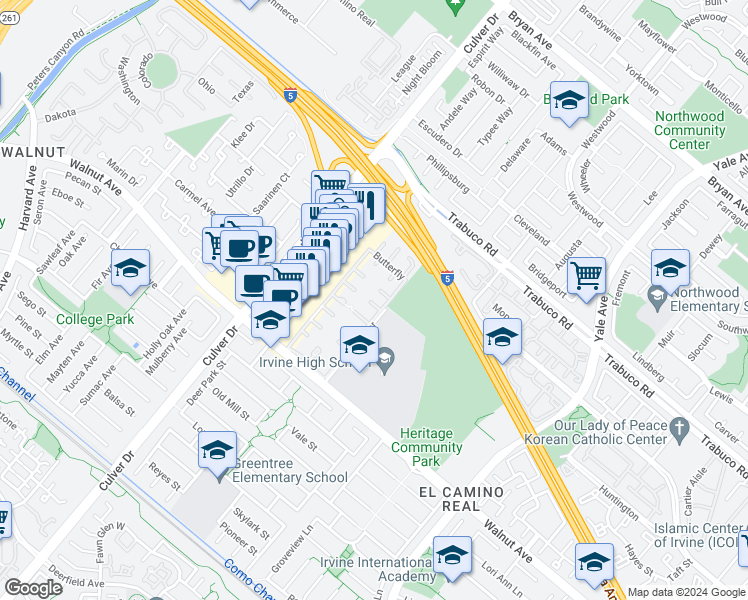 map of restaurants, bars, coffee shops, grocery stores, and more near 8 Palamedes in Irvine