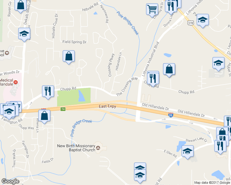 map of restaurants, bars, coffee shops, grocery stores, and more near 113 Hillandale Court in Lithonia