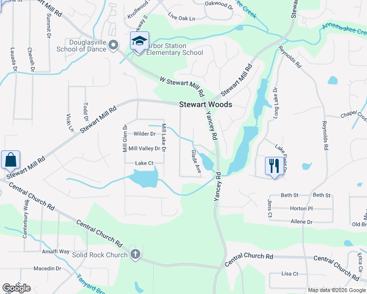 map of restaurants, bars, coffee shops, grocery stores, and more near 5612 Stewart Woods Drive in Douglasville