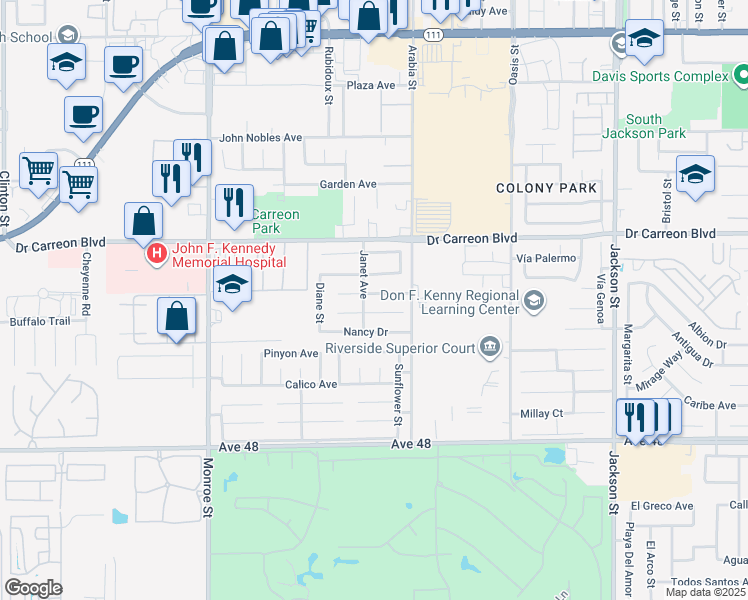 map of restaurants, bars, coffee shops, grocery stores, and more near 82431 Arlene Drive in Indio