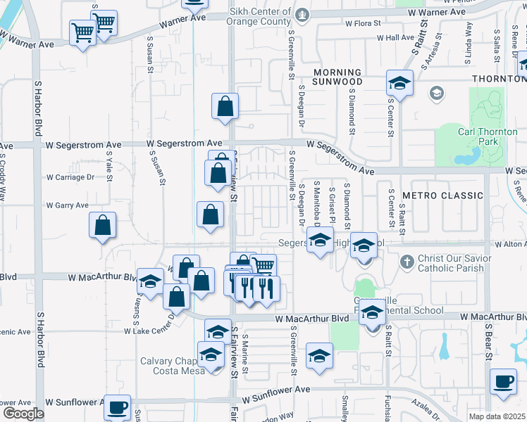 map of restaurants, bars, coffee shops, grocery stores, and more near 3101 South Fairview Street in Santa Ana