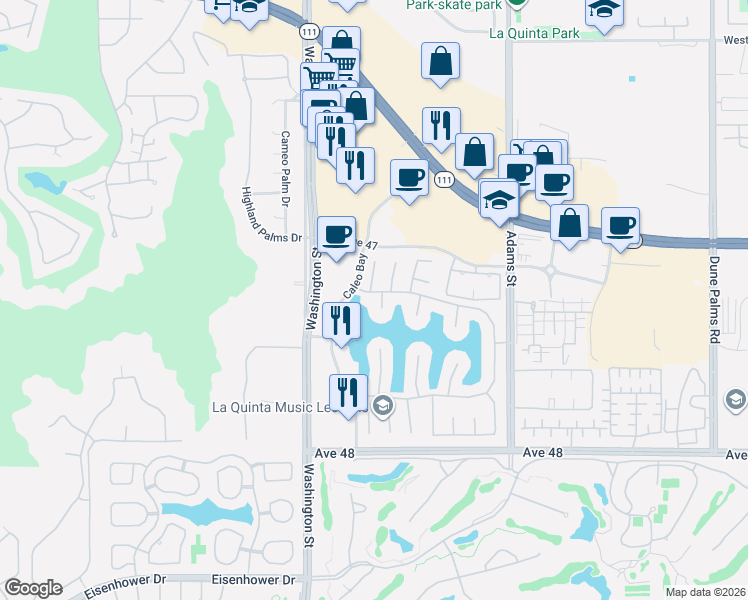 map of restaurants, bars, coffee shops, grocery stores, and more near 78675 Dulce Del Mar in La Quinta