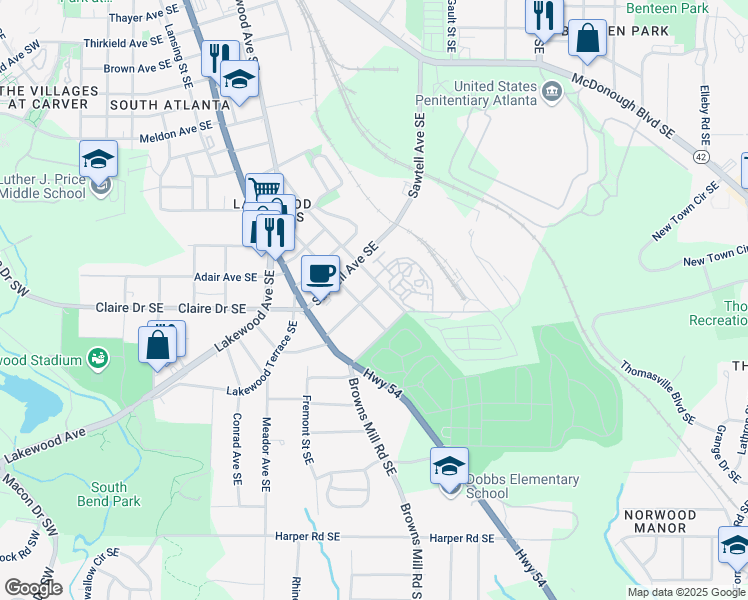 map of restaurants, bars, coffee shops, grocery stores, and more near 391 South Bend Avenue Southeast in Atlanta