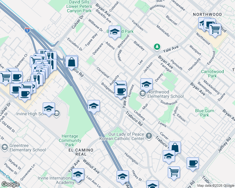 map of restaurants, bars, coffee shops, grocery stores, and more near 13925 Yale in Irvine