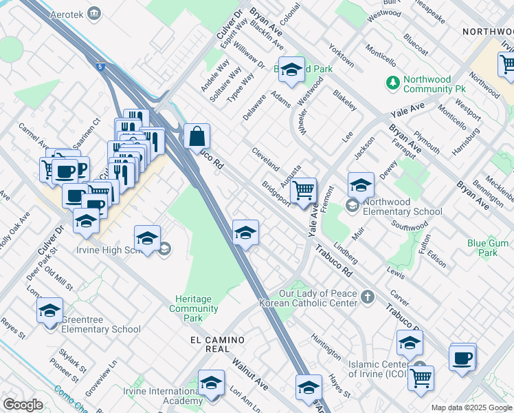 map of restaurants, bars, coffee shops, grocery stores, and more near in Irvine
