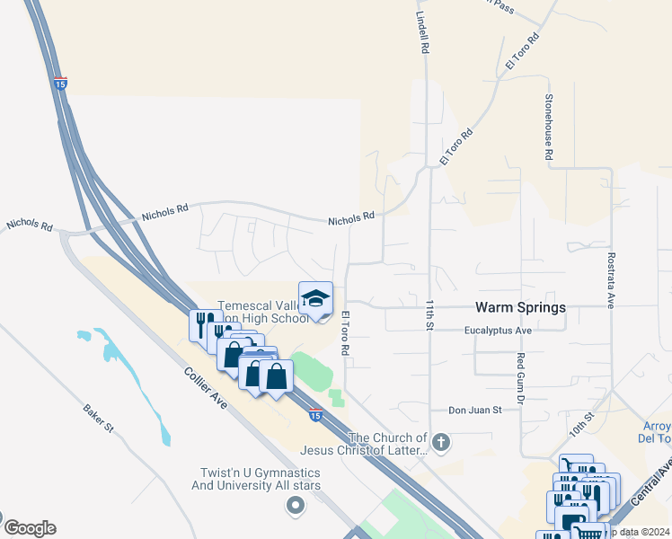 map of restaurants, bars, coffee shops, grocery stores, and more near 19138 River Rock Court in Lake Elsinore