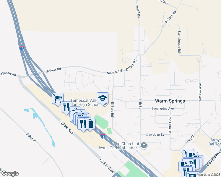map of restaurants, bars, coffee shops, grocery stores, and more near 19138 River Rock Court in Lake Elsinore