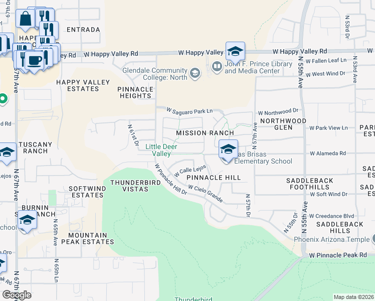 map of restaurants, bars, coffee shops, grocery stores, and more near 5932 West Leiber Place in Glendale