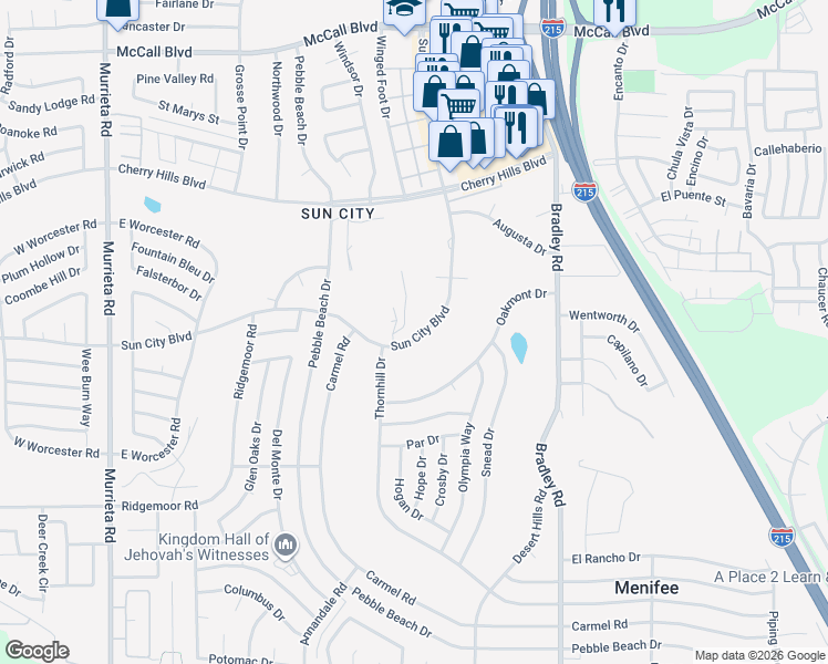map of restaurants, bars, coffee shops, grocery stores, and more near 26656 Sun City Boulevard in Menifee
