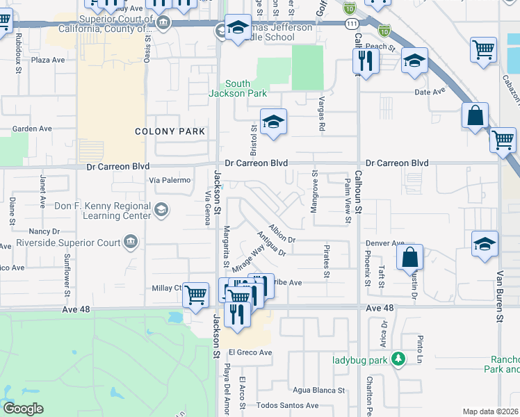 map of restaurants, bars, coffee shops, grocery stores, and more near 83155 Albion Drive in Indio