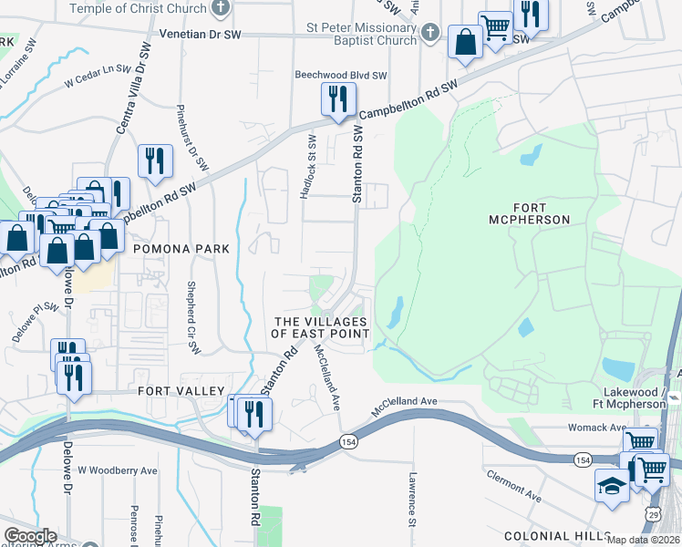 map of restaurants, bars, coffee shops, grocery stores, and more near 1894 Stanton Road in East Point