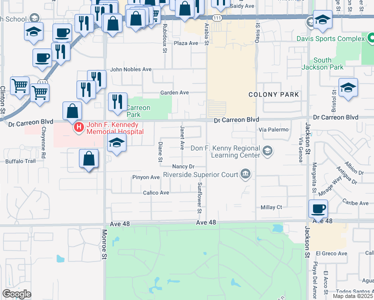 map of restaurants, bars, coffee shops, grocery stores, and more near 82431 Arlene Drive in Indio